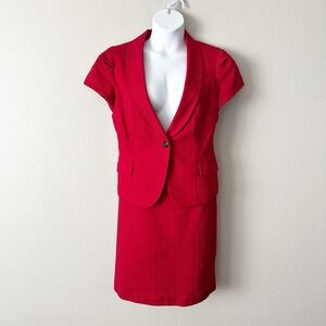 Calvin Klein Red Cotton Textured Blazer Pencil Skirt Suit Set Women's‎ Size 14